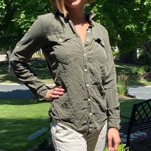 Button down, can roll up & secure sleeves w button